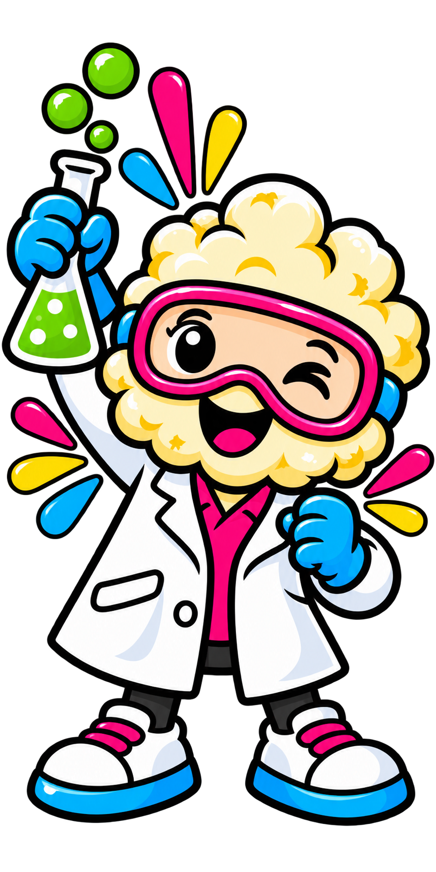 The Pop Lab's winking popcorn scientist mascot holding a green beaker
