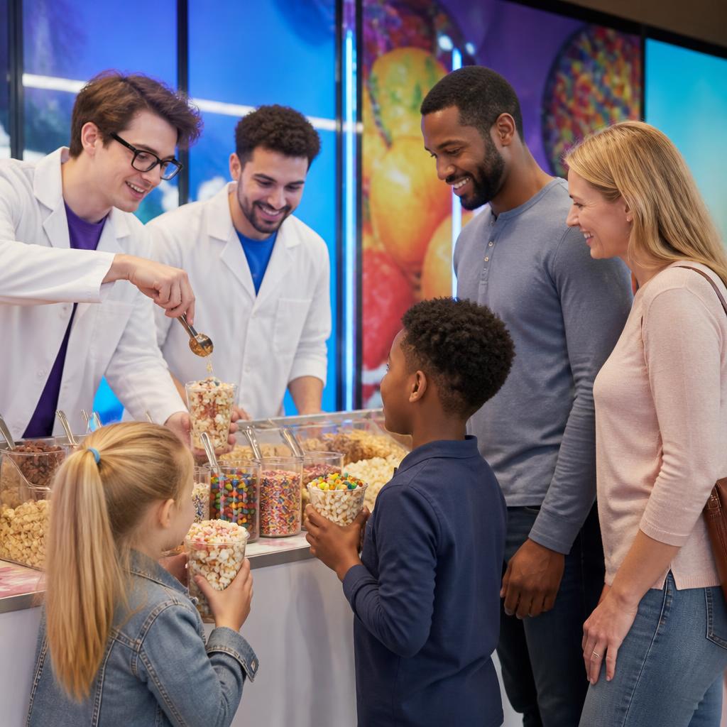 Families with kids picking up cups of loaded Pop Lab popcorn from Pop Scientists in lab coats