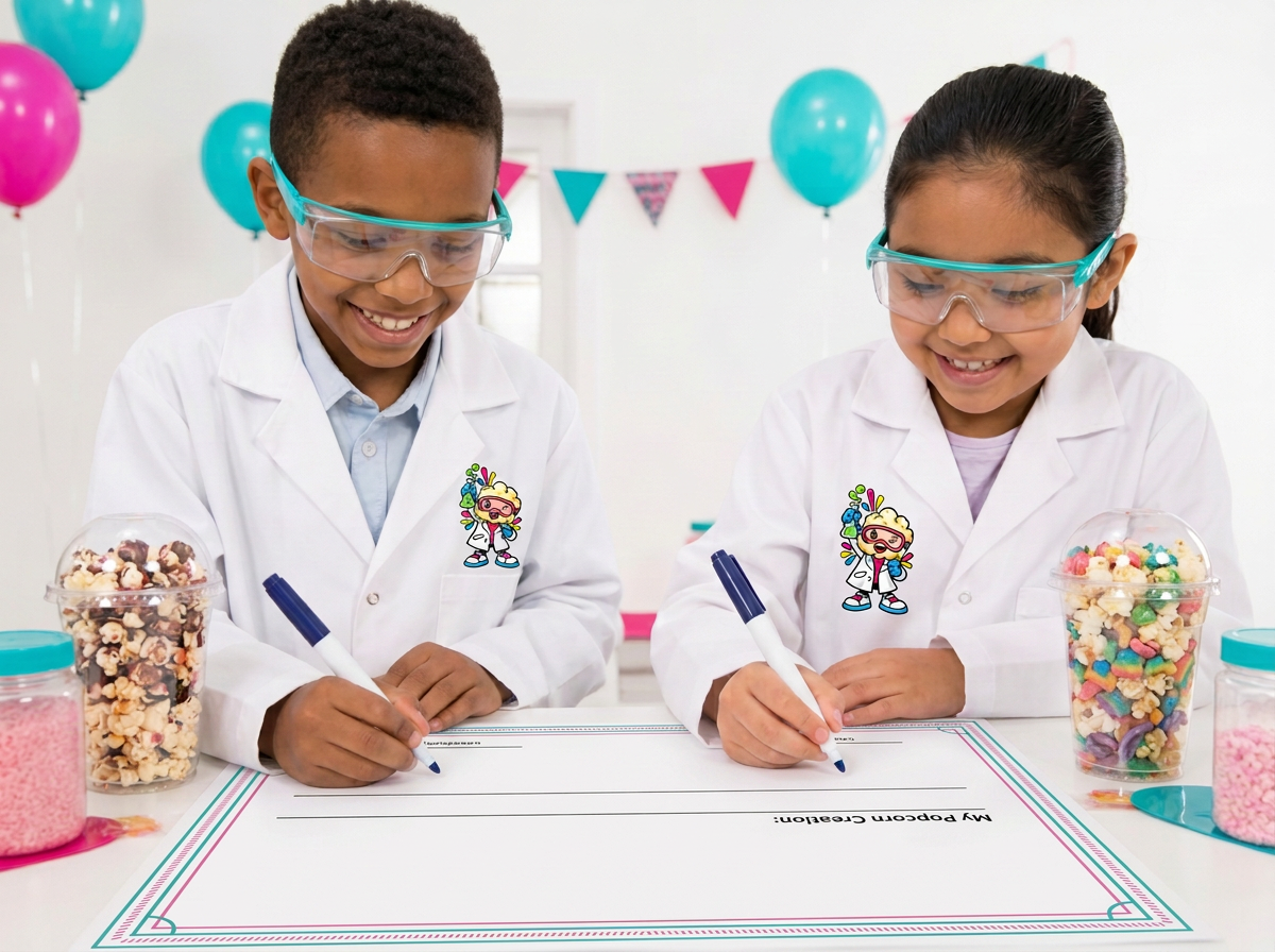 Two Junior Pop Scientists wearing mascot-branded lab coats naming their creations on certificates