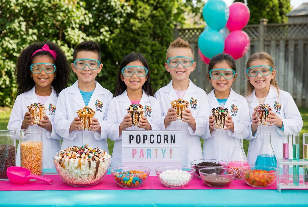 Six diverse kids in mascot-branded lab coats and teal goggles holding generously drizzled dirty popcorn at a balloon-filled backyard birthday party