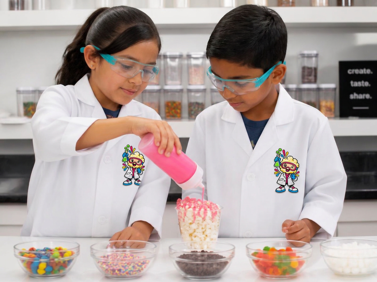 Two kids in lab coats adding pink flavor serum to a cup of popcorn surrounded by topping bowls