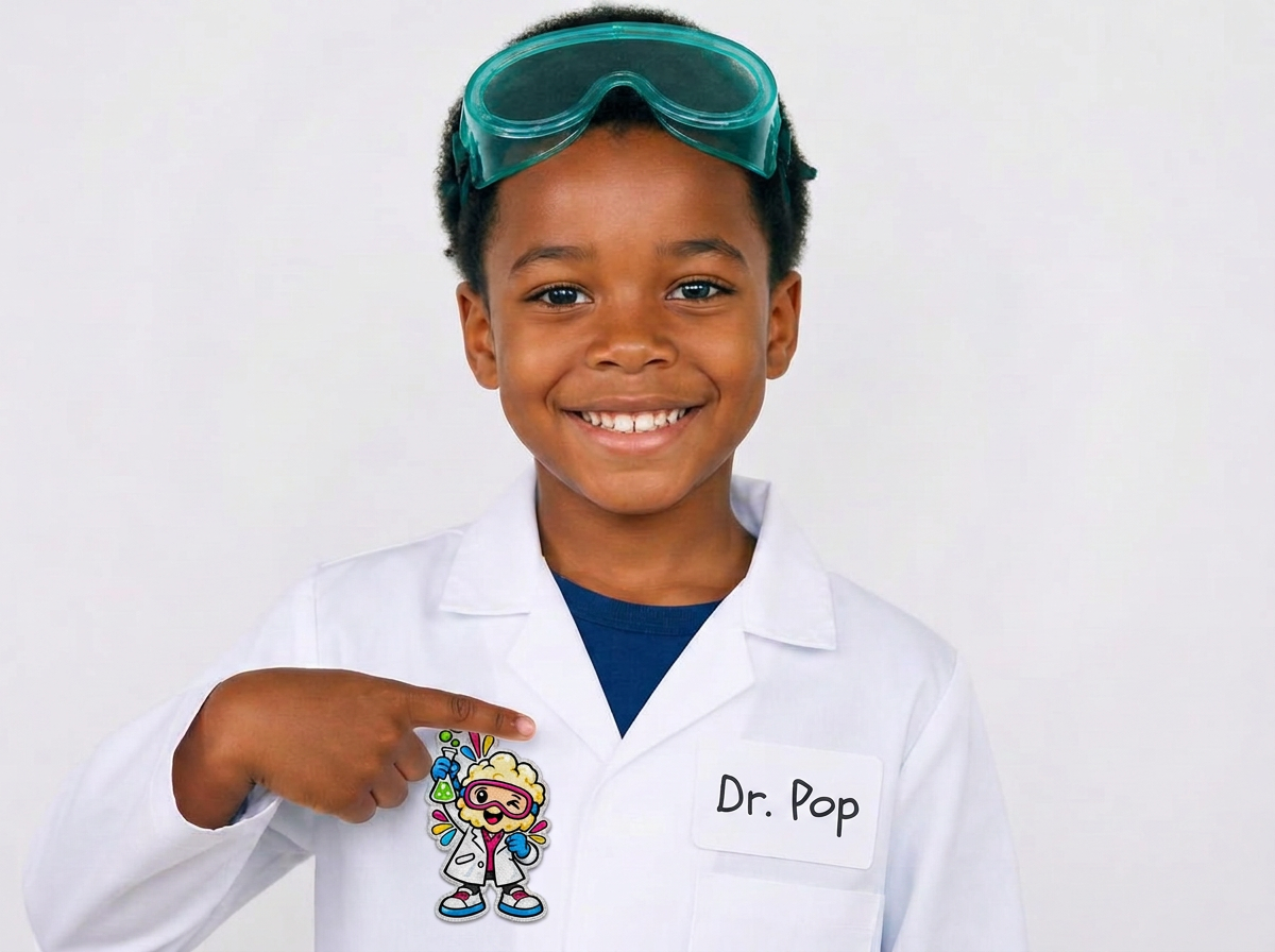 A young Black Pop Scientist in a white lab coat pointing at a badge that reads Dr. Pop in Sharpie