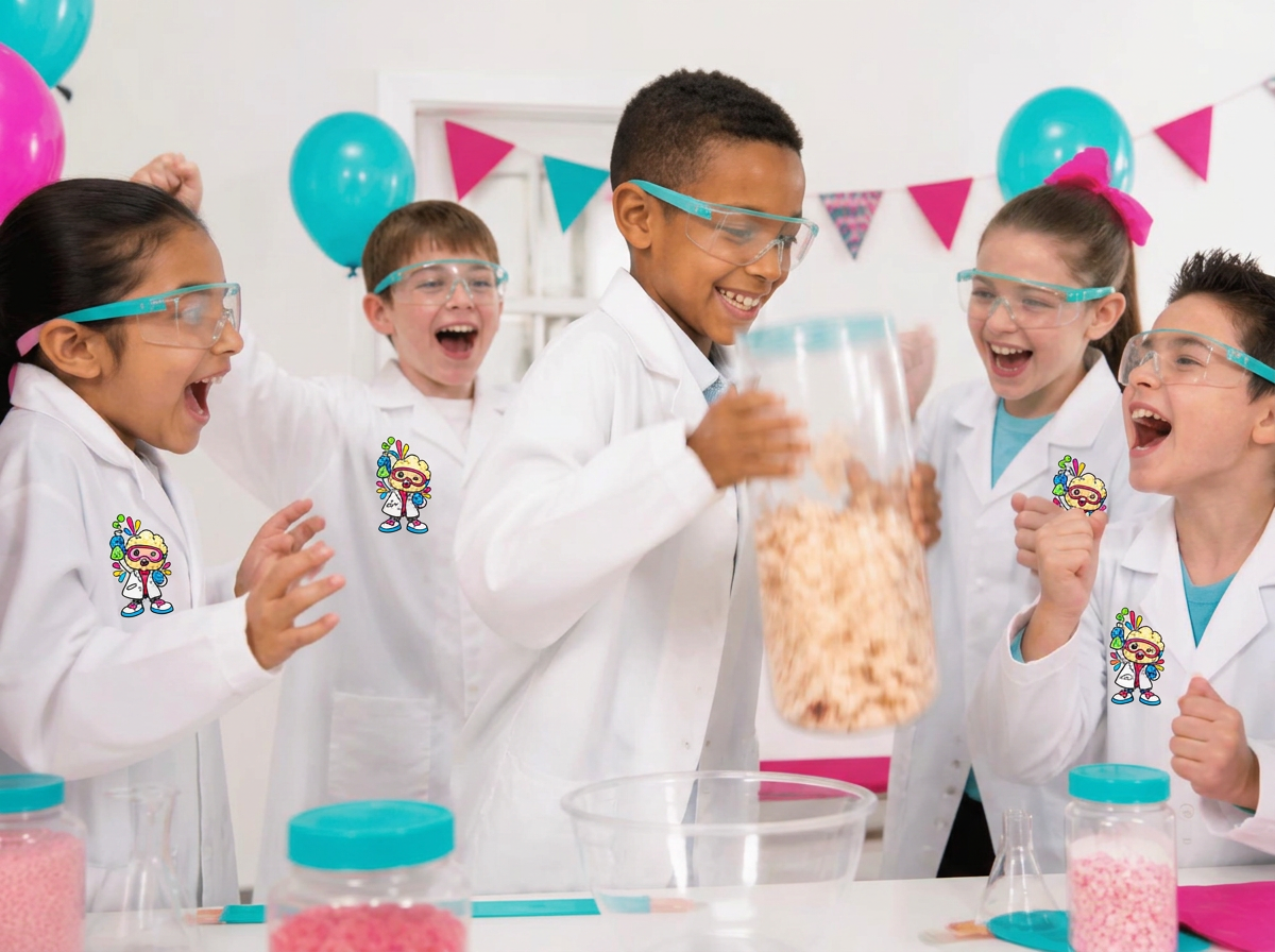Kids in lab coats cheering as a friend shakes a sealed popcorn container